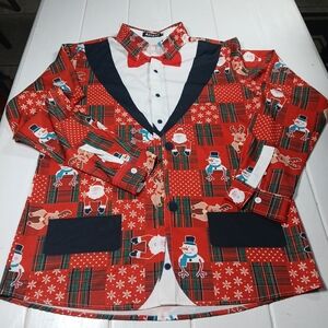 Med Christmas Theme Men's Fake Suit Jacket Printed Formal Patchwork Button Shirt